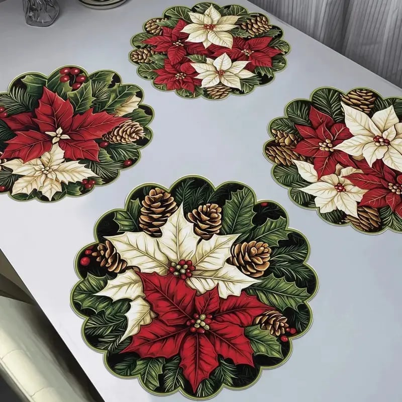10 pcs. Winter placemats in the shape of poinsettias and pine cones, table mats made of non-slip fabric