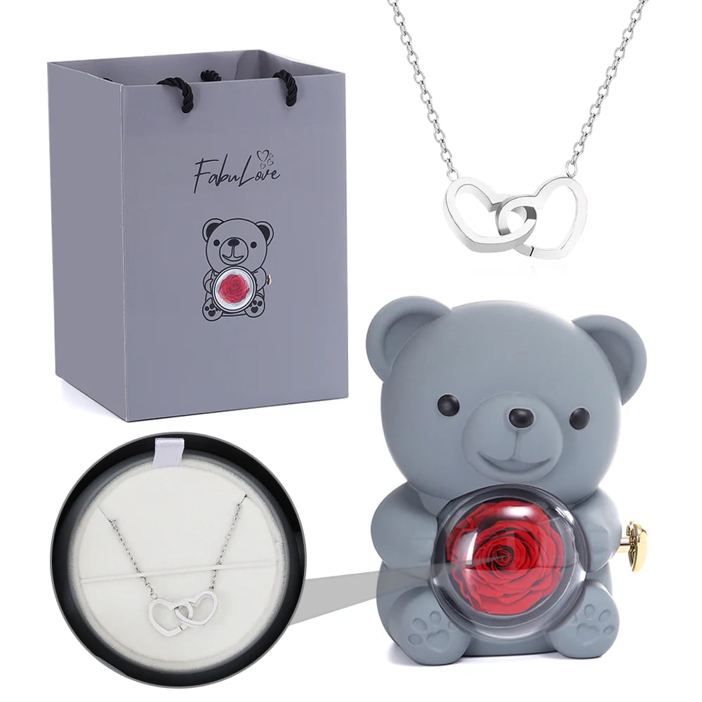 Cute Teddy Bear with Preserved Rose--Necklace📿+Eternal Rose🌹+Teddy Bear🧸