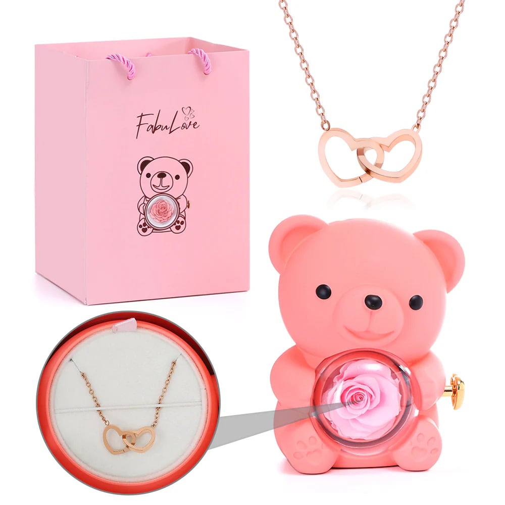 Cute Teddy Bear with Preserved Rose--Necklace📿+Eternal Rose🌹+Teddy Bear🧸