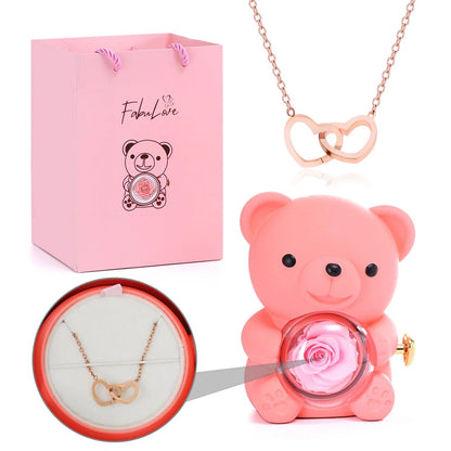Cute Teddy Bear with Preserved Rose--Necklace📿+Eternal Rose🌹+Teddy Bear🧸