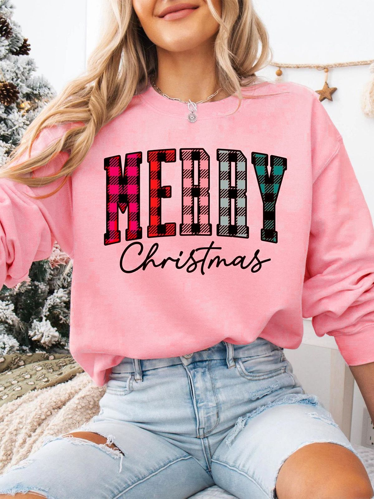 1980s Plaid Letter Christmas Sweatshirt