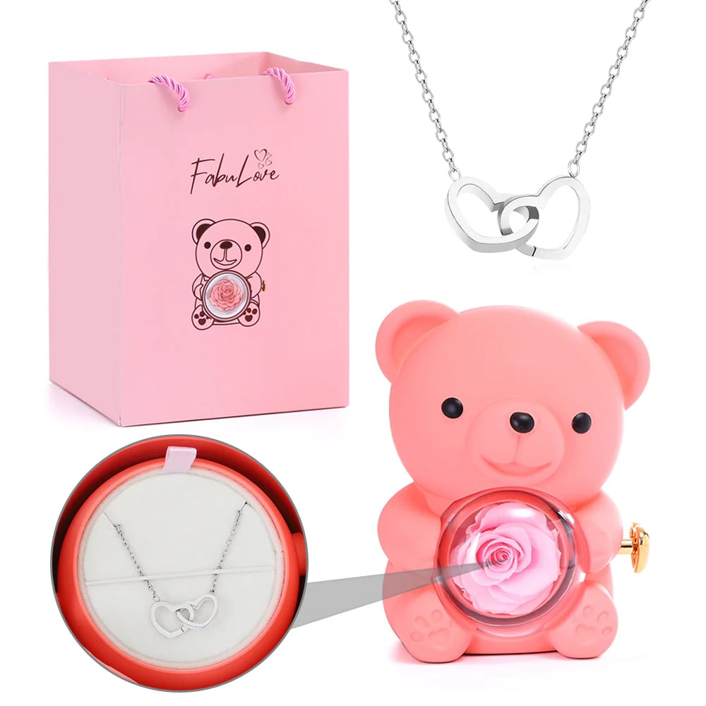 Cute Teddy Bear with Preserved Rose--Necklace📿+Eternal Rose🌹+Teddy Bear🧸