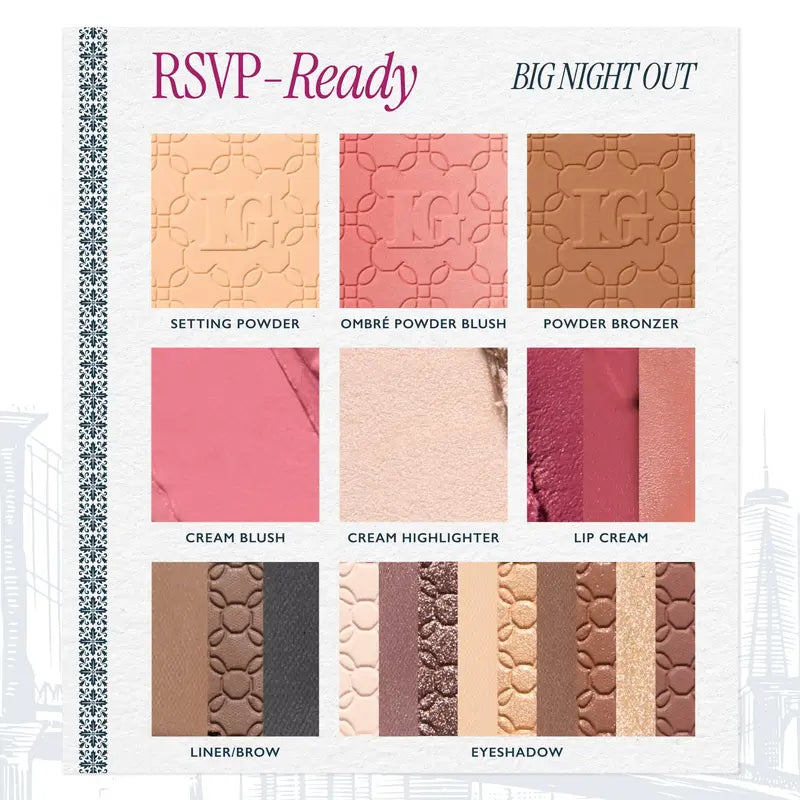 RSVP-Ready Big Night Out Full Face Palette with Eyeshadow, Cream Blush, Highlighter, Lip, Setting Powder, Bronzer, Mirror - Warm Neutrals