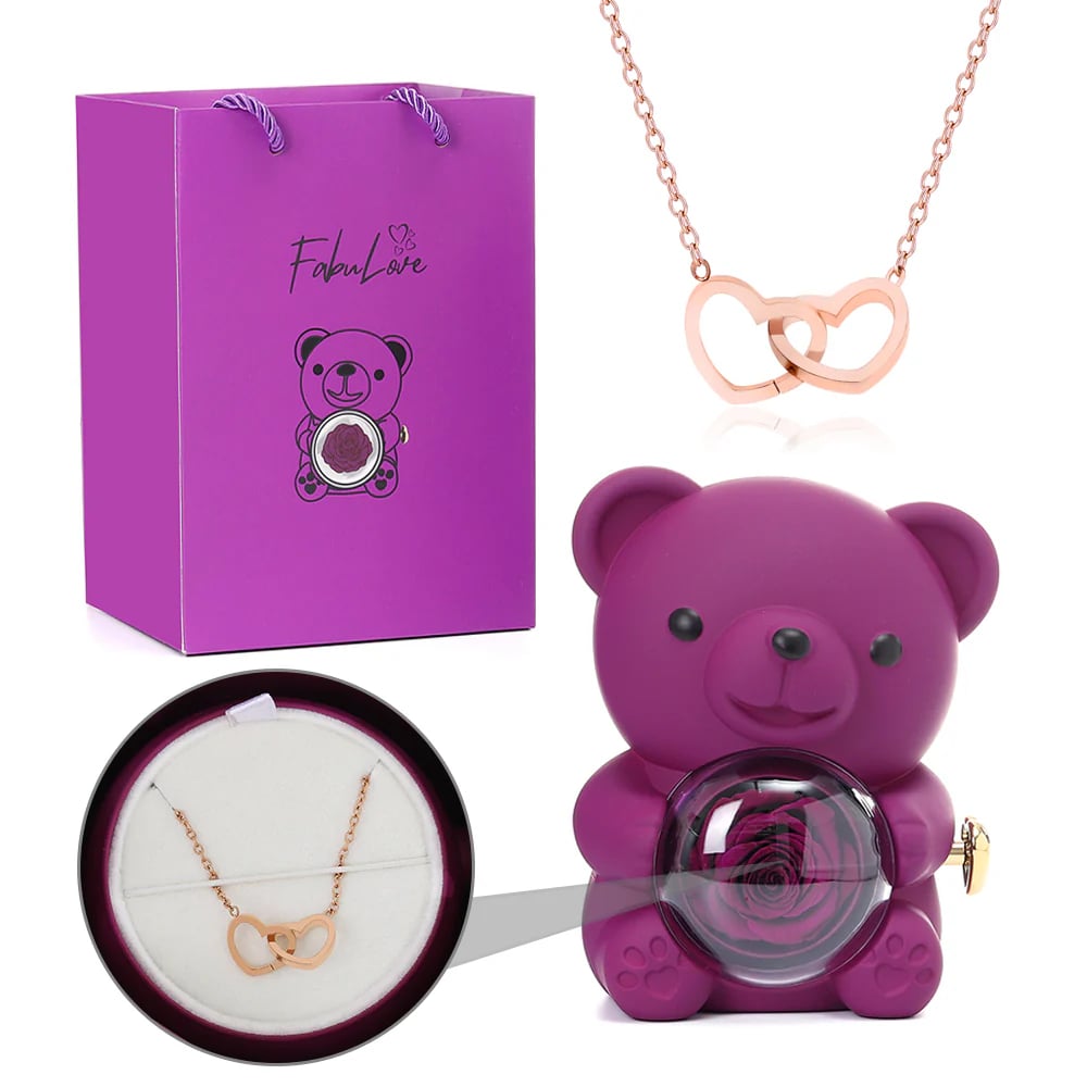 Cute Teddy Bear with Preserved Rose--Necklace📿+Eternal Rose🌹+Teddy Bear🧸