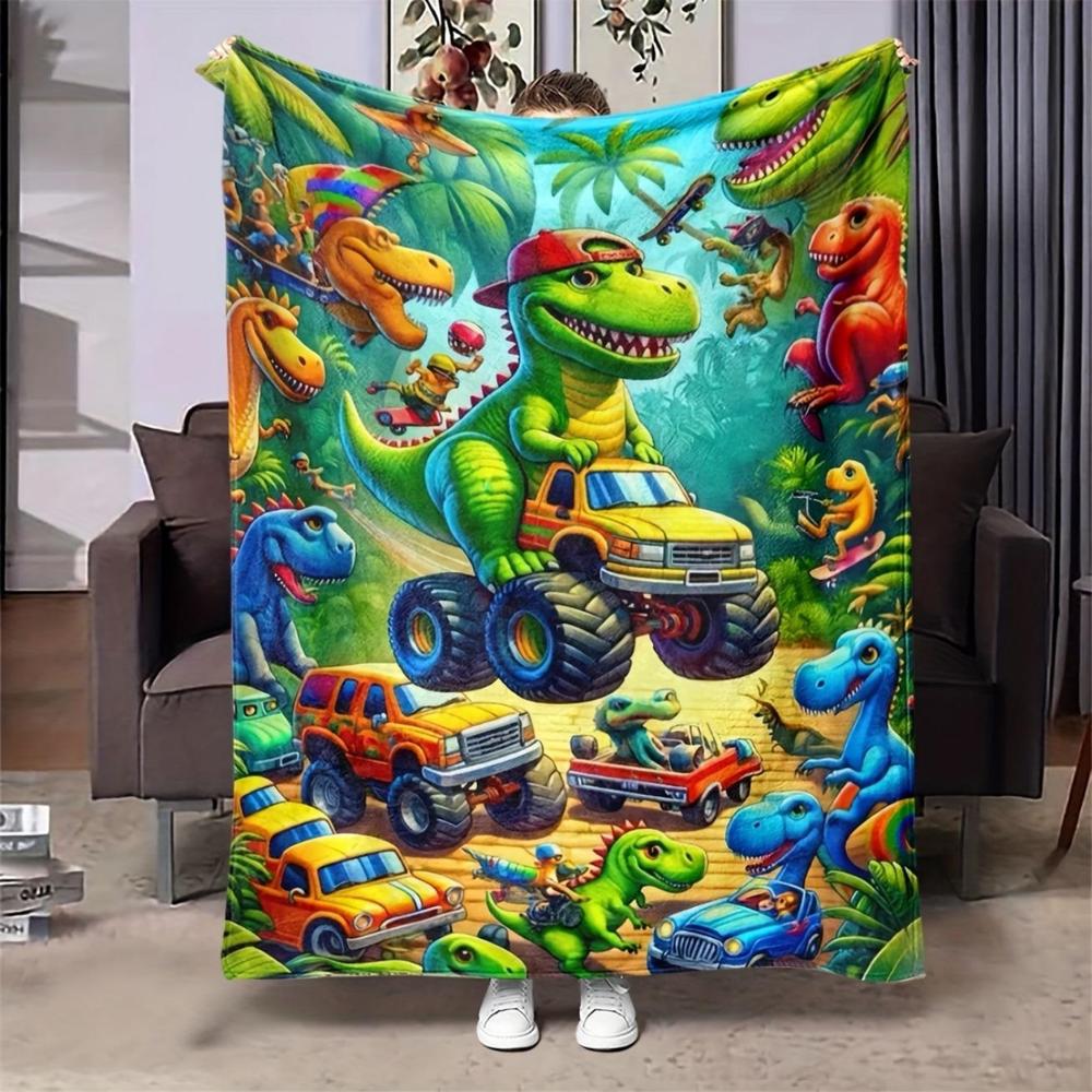Cartoon Dinosaur Plush Throw Blanket – Cozy Flannel for Home & Car