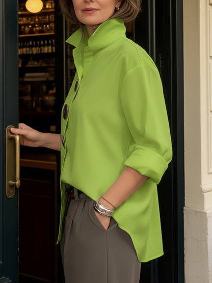 Elegant cotton and linen blouse with a stand-up collar and metal buttons