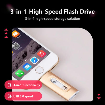 ⚡3-in-1 Flash Drive, Portable High-Speed USB 3.0 Storage