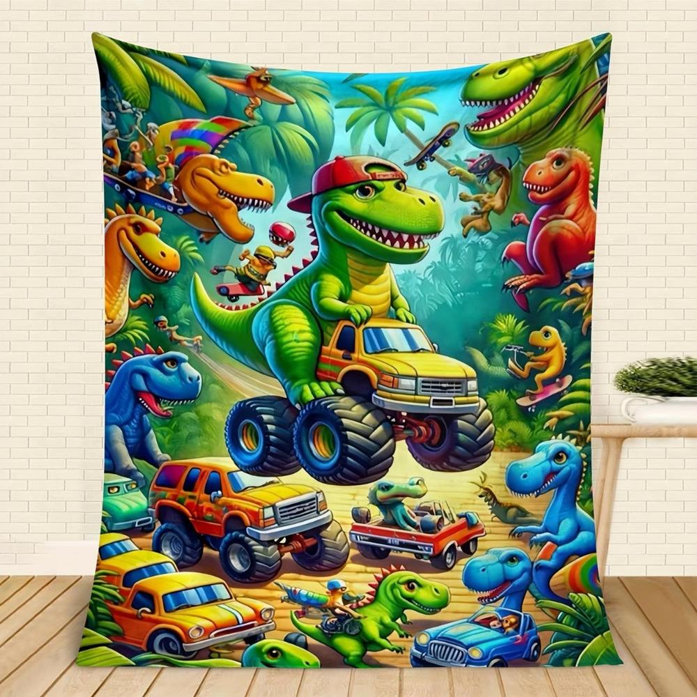 Cartoon Dinosaur Plush Throw Blanket – Cozy Flannel for Home & Car