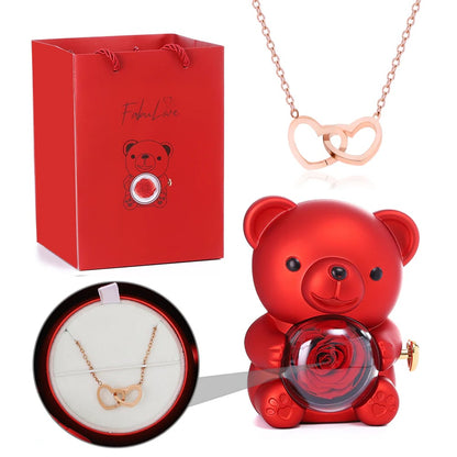 Cute Teddy Bear with Preserved Rose--Necklace📿+Eternal Rose🌹+Teddy Bear🧸
