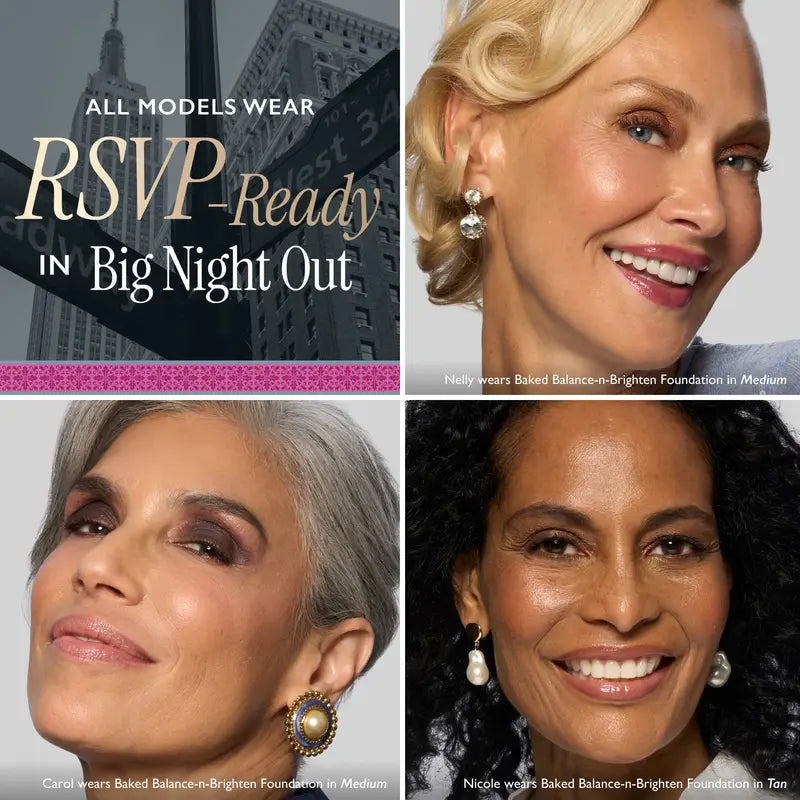 RSVP-Ready Big Night Out Full Face Palette with Eyeshadow, Cream Blush, Highlighter, Lip, Setting Powder, Bronzer, Mirror - Warm Neutrals