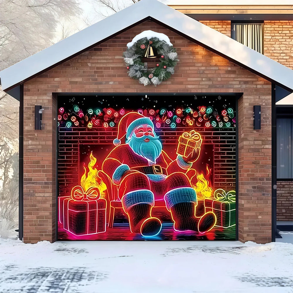 Neon Santa Fireplace | Christmas Garage Door Cover