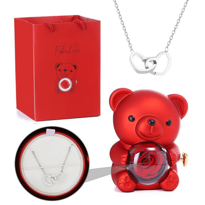 Cute Teddy Bear with Preserved Rose--Necklace📿+Eternal Rose🌹+Teddy Bear🧸
