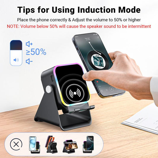 No-Bluetooth Induction Speaker Stand – 5-in-1 Phone Holder with RGB Lights & Power Bank