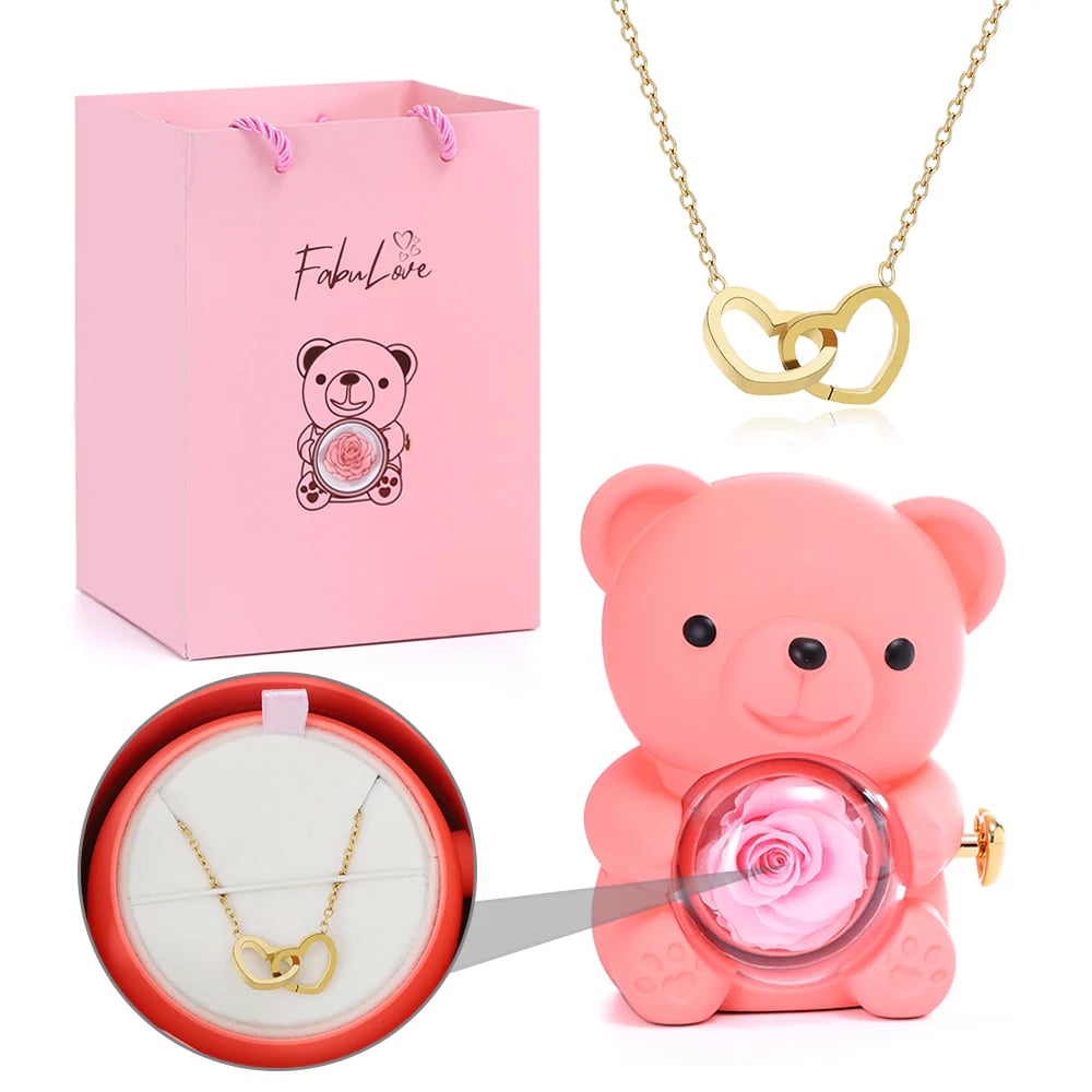 Cute Teddy Bear with Preserved Rose--Necklace📿+Eternal Rose🌹+Teddy Bear🧸