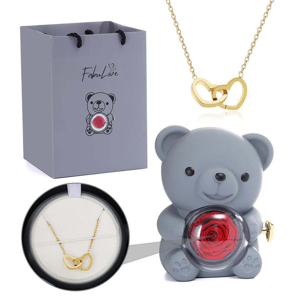 Cute Teddy Bear with Preserved Rose--Necklace📿+Eternal Rose🌹+Teddy Bear🧸