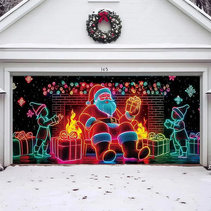 Neon Santa Fireplace | Christmas Garage Door Cover