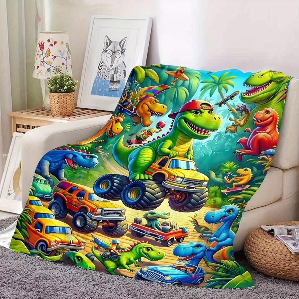 Cartoon Dinosaur Plush Throw Blanket – Cozy Flannel for Home & Car