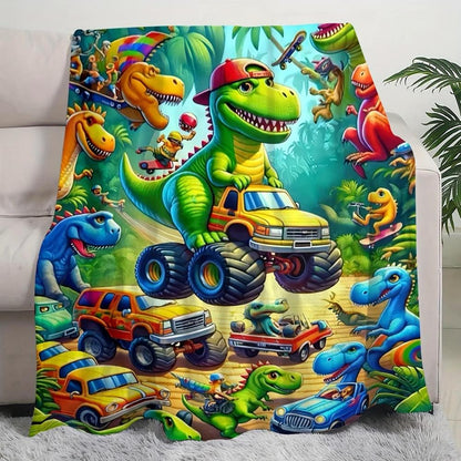 Cartoon Dinosaur Plush Throw Blanket – Cozy Flannel for Home & Car