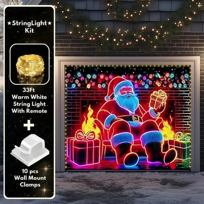 Neon Santa Fireplace | Christmas Garage Door Cover