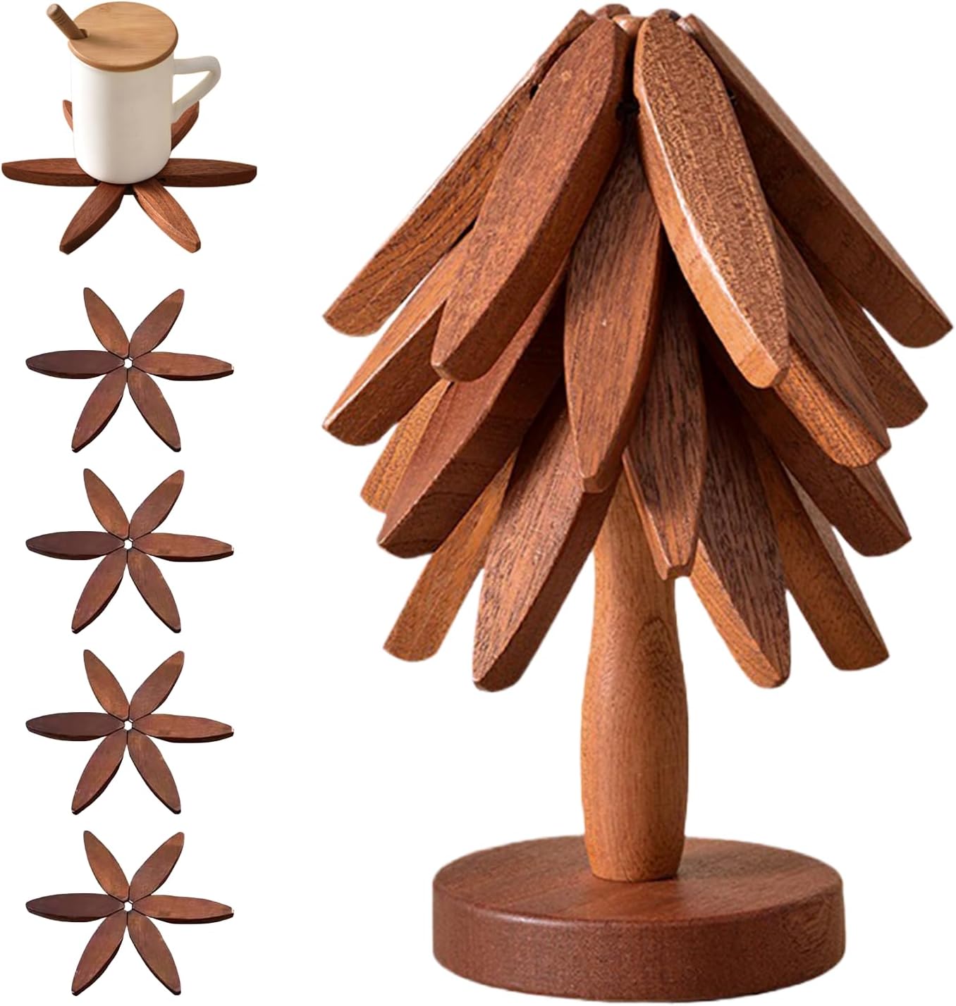 🎅Natural Tree Coaster Set – 4 Bamboo & 1 Stand in the Shape of a Christmas Tree