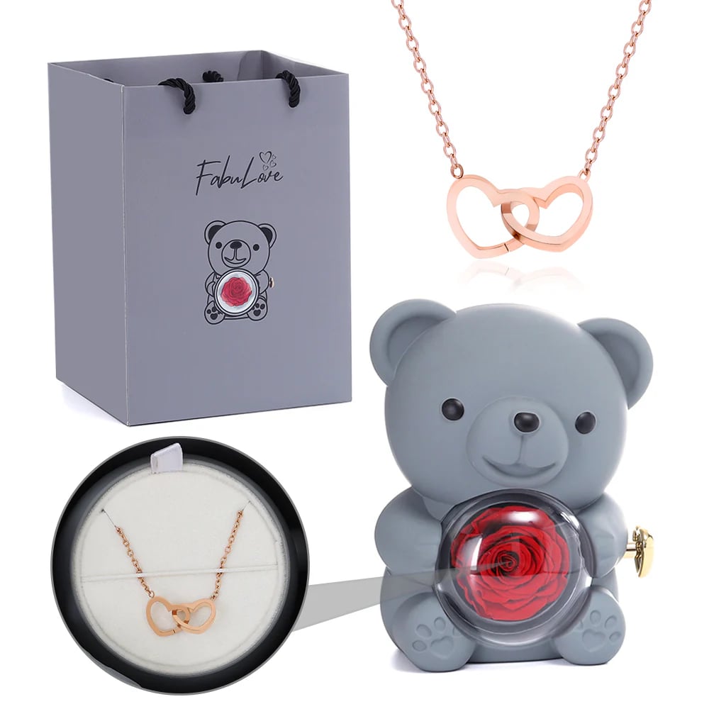 Cute Teddy Bear with Preserved Rose--Necklace📿+Eternal Rose🌹+Teddy Bear🧸
