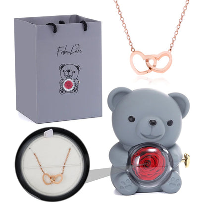 Cute Teddy Bear with Preserved Rose--Necklace📿+Eternal Rose🌹+Teddy Bear🧸