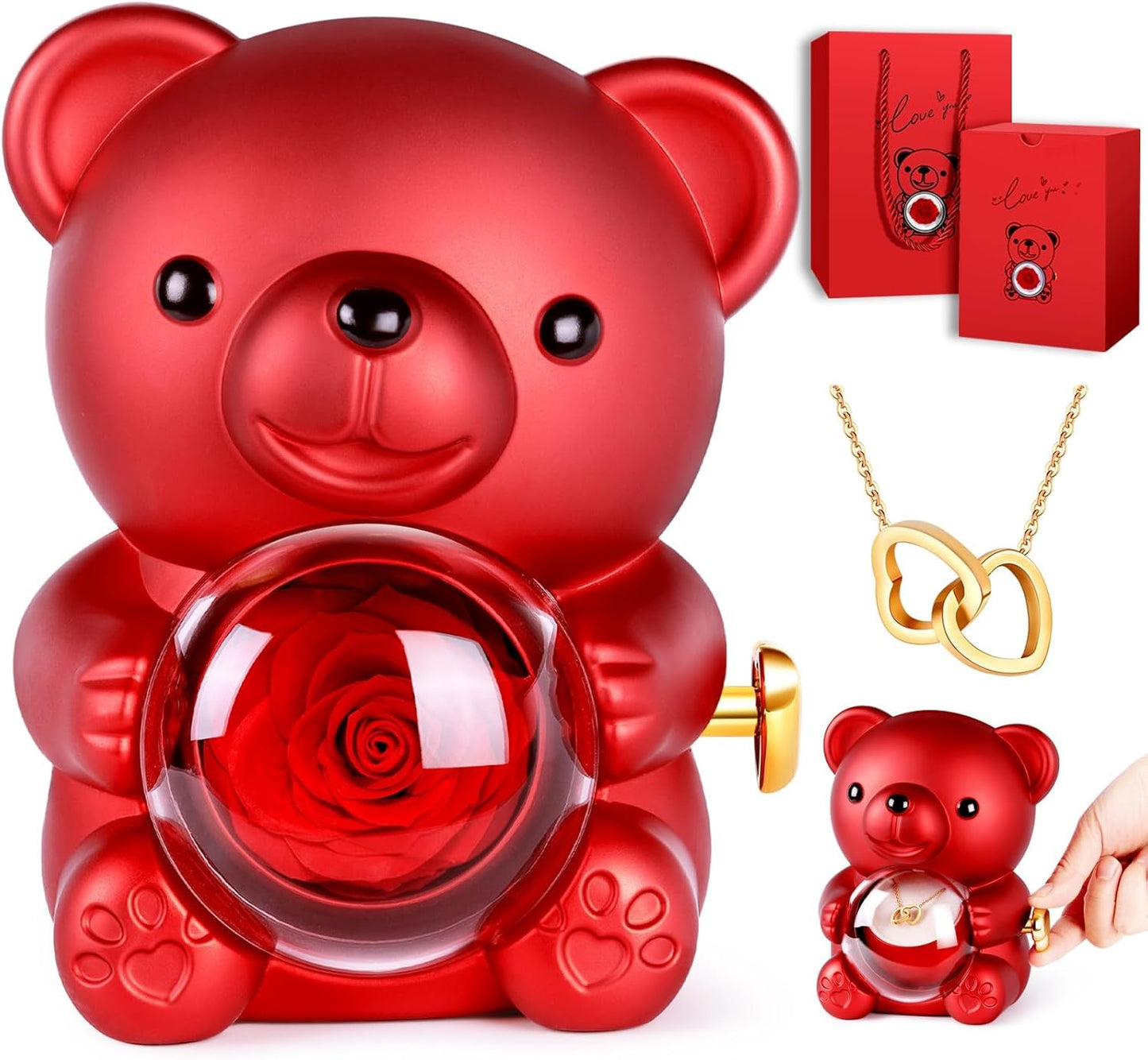 Cute Teddy Bear with Preserved Rose--Necklace📿+Eternal Rose🌹+Teddy Bear🧸