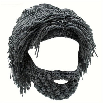 Acrylic Punk Style Beanie with Attached Straight Hair Wig and Knitted Beard