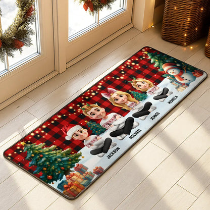 Family Sitting Christmas Plaid Pattern - Personalized Runner Rug