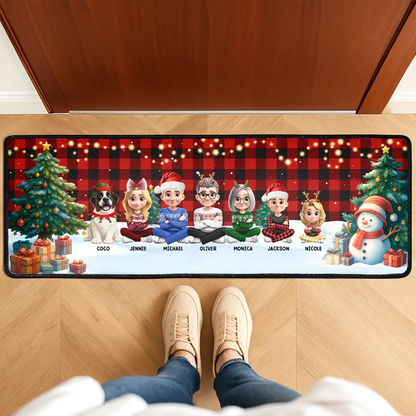 Family Sitting Christmas Plaid Pattern - Personalized Runner Rug