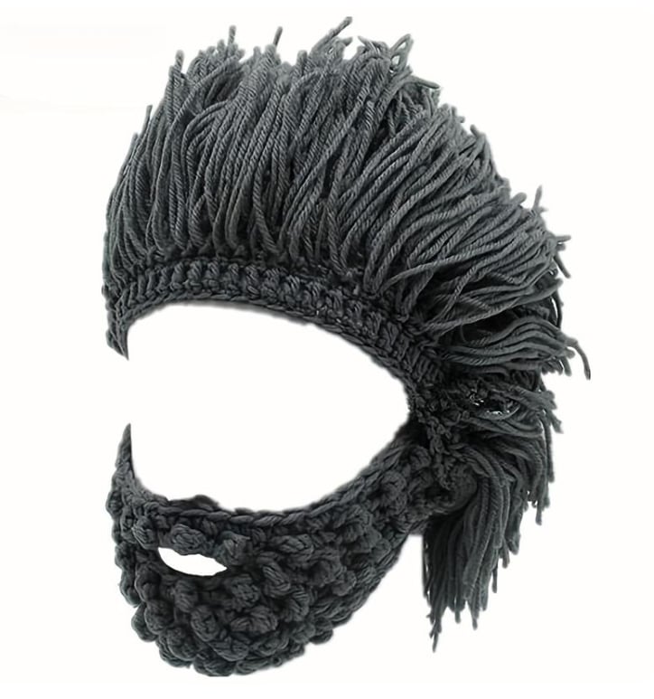 Acrylic Punk Style Beanie with Attached Straight Hair Wig and Knitted Beard