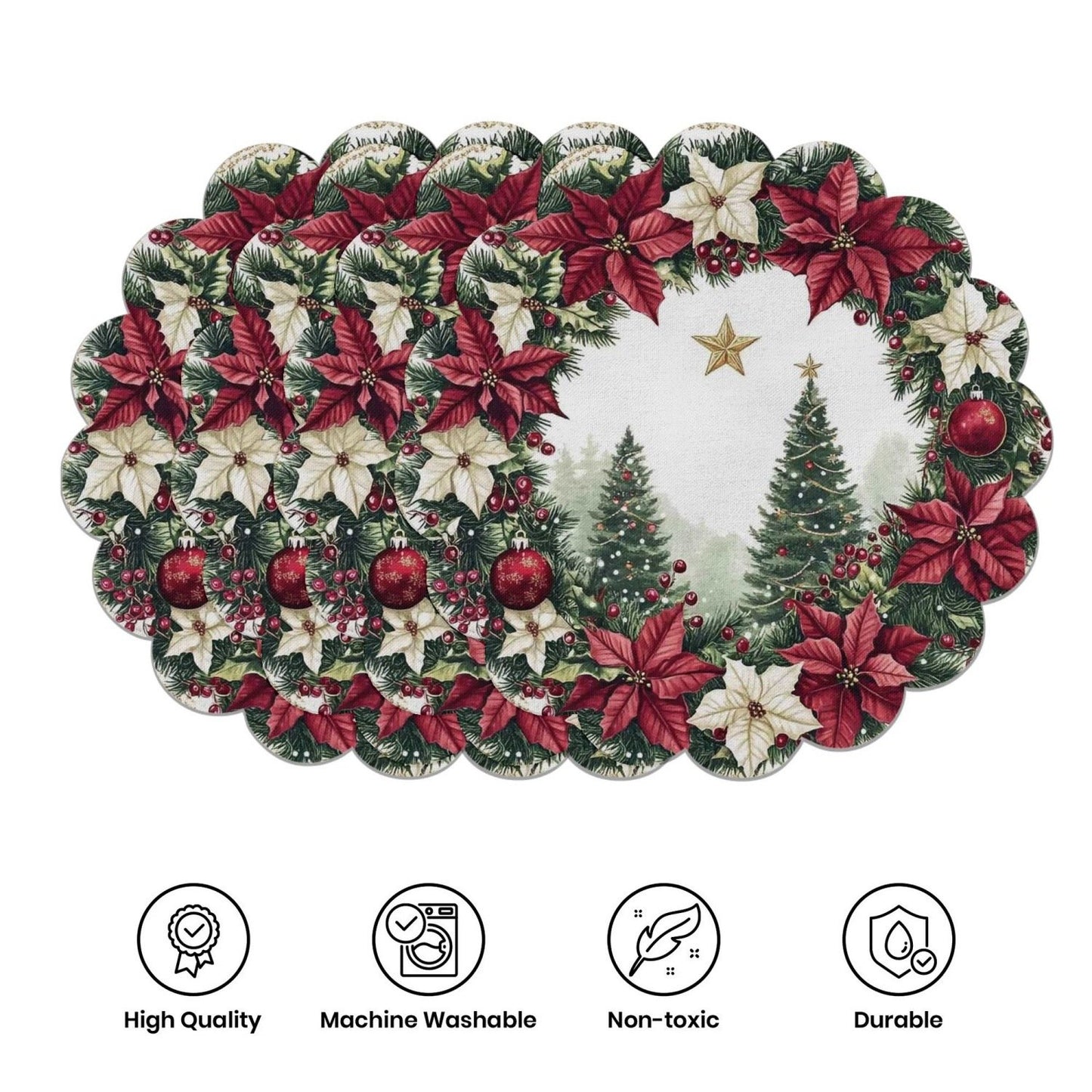 10 pcs. Winter placemats in the shape of poinsettias and pine cones, table mats made of non-slip fabric