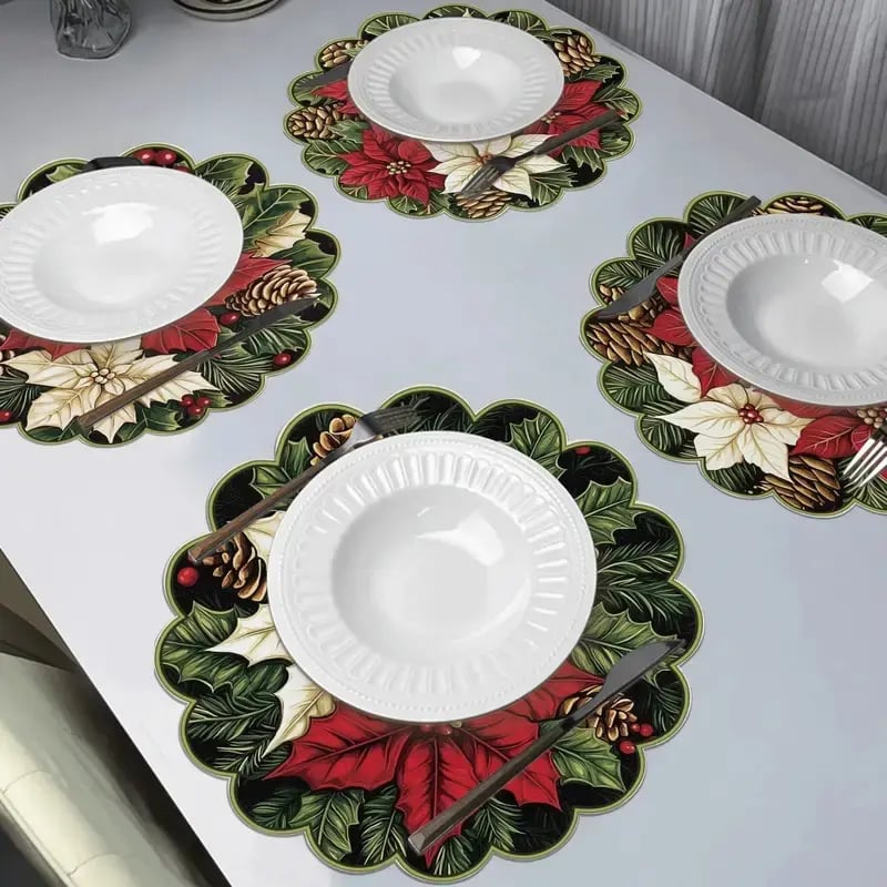 10 pcs. Winter placemats in the shape of poinsettias and pine cones, table mats made of non-slip fabric