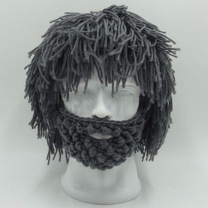 Acrylic Punk Style Beanie with Attached Straight Hair Wig and Knitted Beard