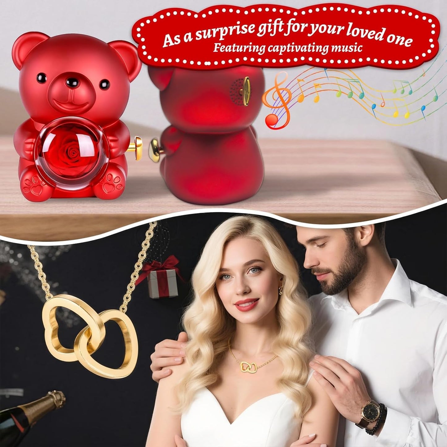 Cute Teddy Bear with Preserved Rose--Necklace📿+Eternal Rose🌹+Teddy Bear🧸