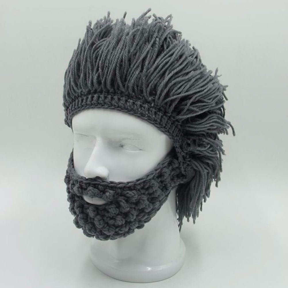 Acrylic Punk Style Beanie with Attached Straight Hair Wig and Knitted Beard