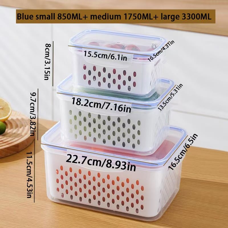 3-Piece Stackable Fridge Storage Containers with Removable Colander