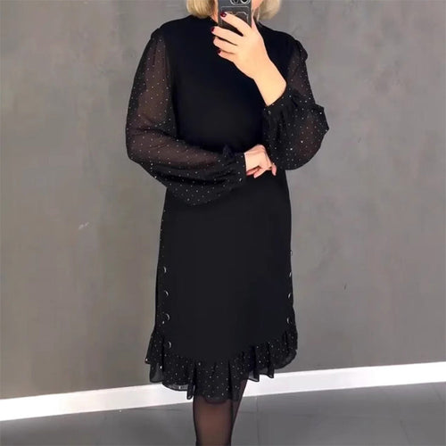 Women's dresses with a round neckline and crystals in a solid color