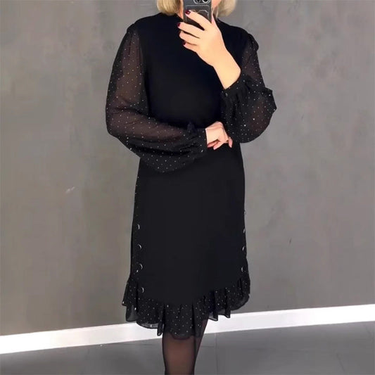Women's dresses with a round neckline and crystals in a solid color