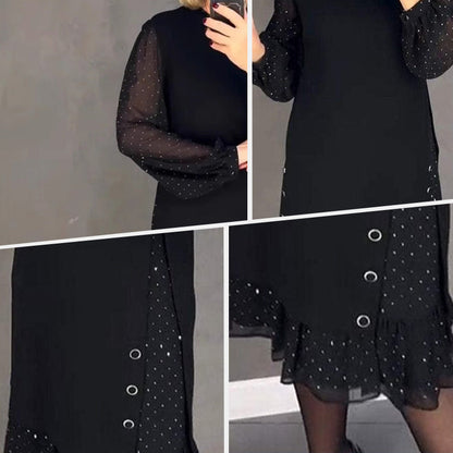 Women's dresses with a round neckline and crystals in a solid color