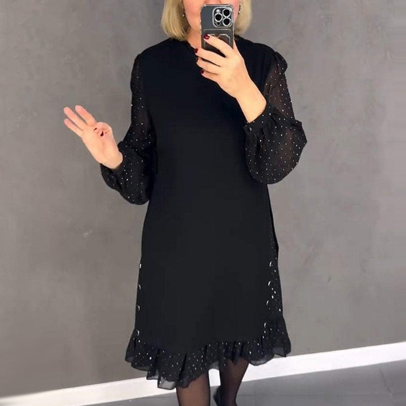 Women's dresses with a round neckline and crystals in a solid color