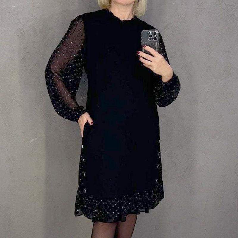 Women's dresses with a round neckline and crystals in a solid color