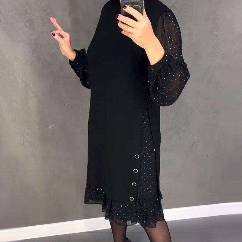 Women's dresses with a round neckline and crystals in a solid color