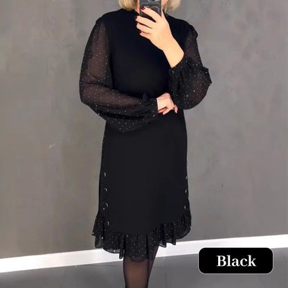 Women's dresses with a round neckline and crystals in a solid color